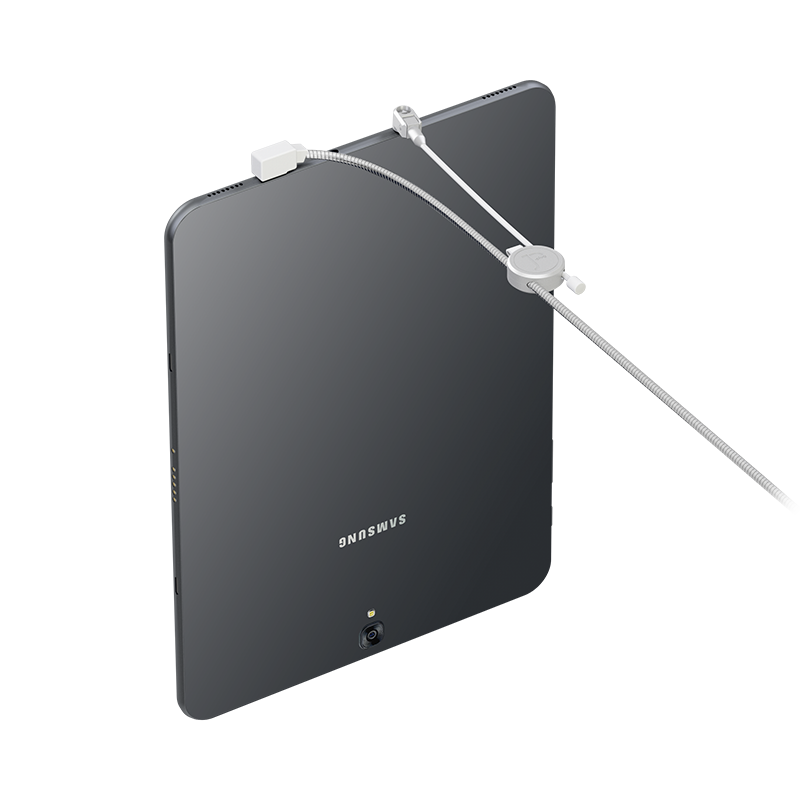 Illustration of the Audio Lock securing a tablet in conjunction with the J-Plug Splitter 2 solution.