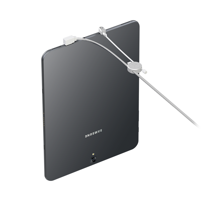 Illustration of the Audio Lock securing a tablet in conjunction with the J-Plug Splitter 2 solution. 
