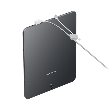 Illustration of the Audio Lock securing a tablet in conjunction with the J-Plug Splitter 2 solution. 